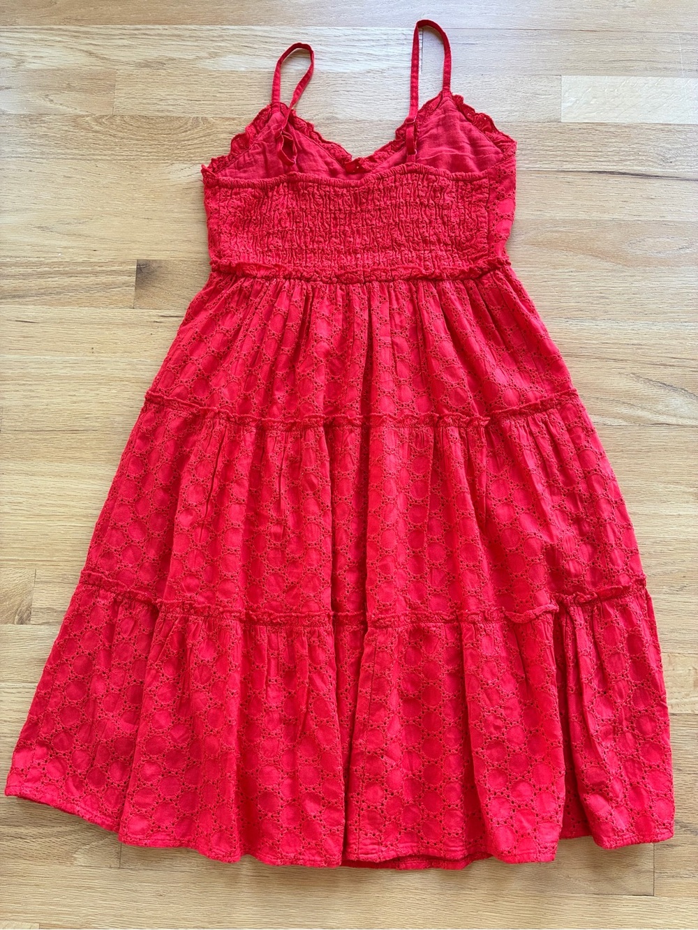 Sim & Sam S Red Eyelet Tiered Spaghetti Strap Sundress Smocked Back Pockets - Picture 4 of 12